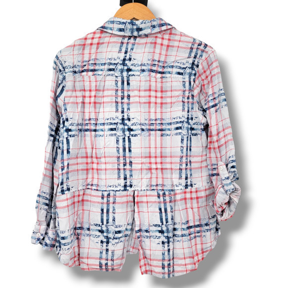 Signature Studio Women's‎ Plaid Button Down Roll Tab Sleeve Shirt Red White Blue - Picture 2 of 11